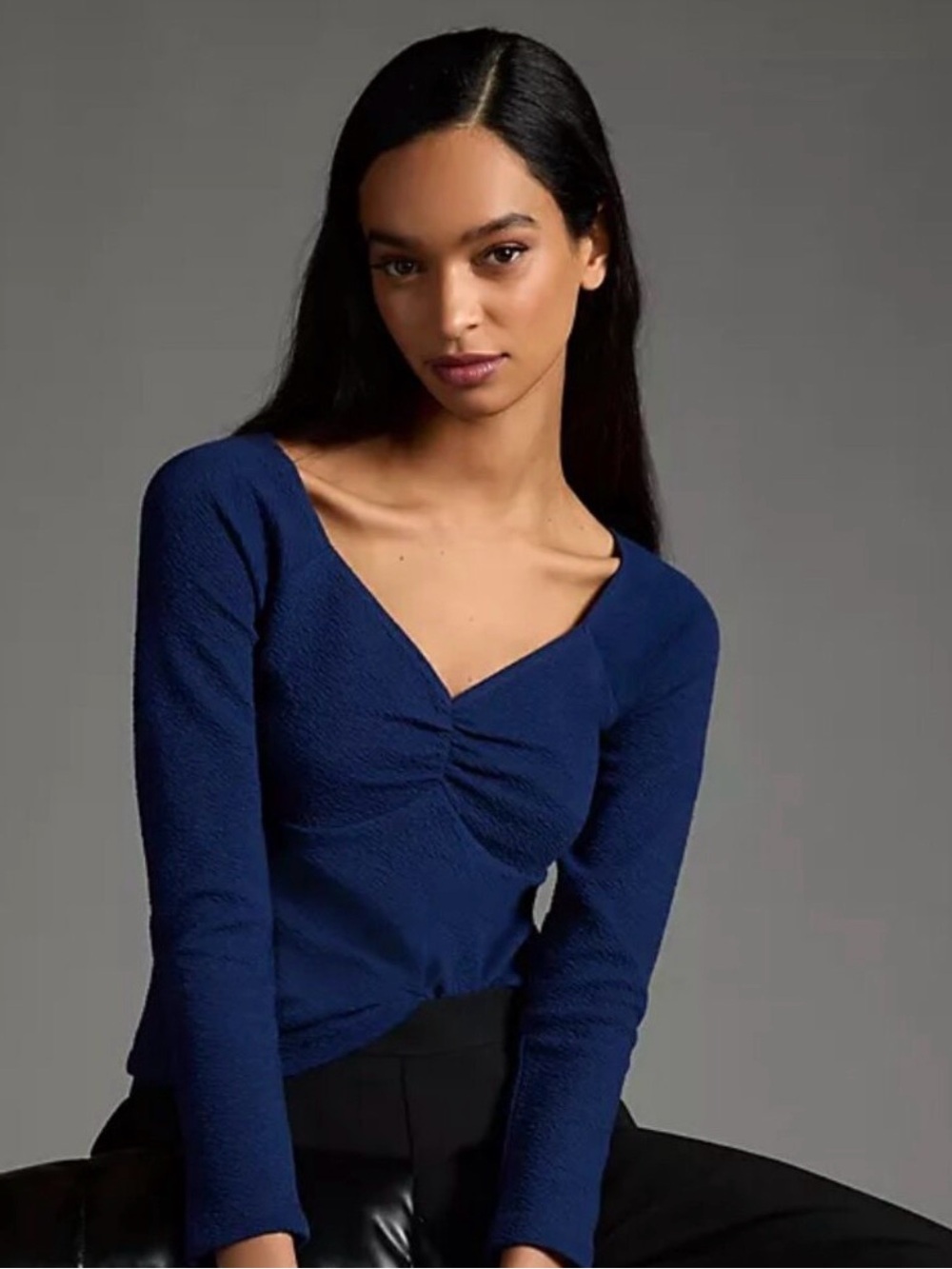 Maeve Anthropologie Navy Textured Sweetheart Neck Long Sleeve Top Large